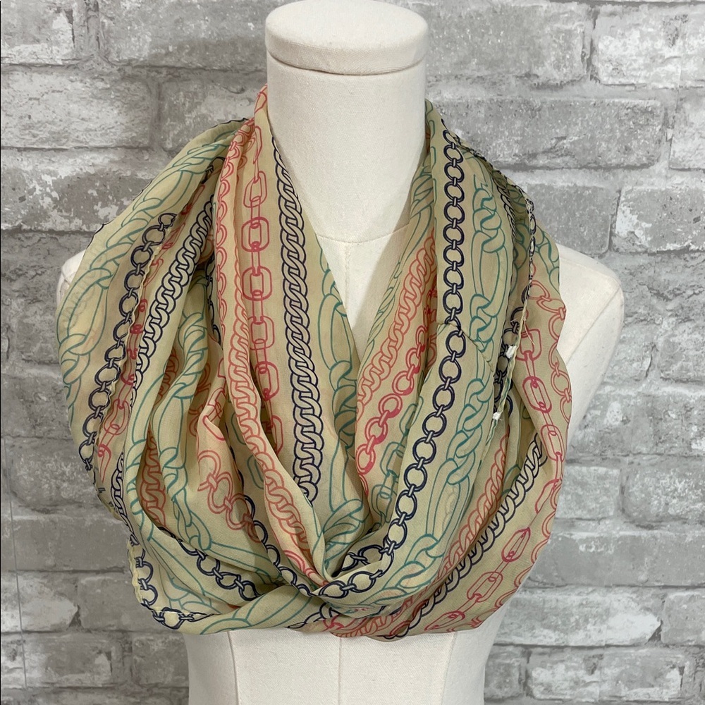 Charming Charlie Chain Design Infinity Scarf - Cream, Pink, Blue